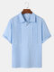 Camicie da golf casual a maniche corte in cotone pieghettato tinta unita da uomo - blu