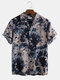 Men 100% Cotton Tie-Dye Print Casual Loose Lapel Short Sleeve Shirt - Blue