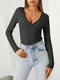 Women Solid Color Patchwork Long Sleeve V-neck Casual T-Shirt - Black