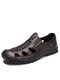 Men Woven Style Hand Stitching Closed Toe Slip On Leather Sandals - Brown