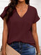 Women Solid Seam Detail V-Neck Casual Short Sleeve Blouse - Wine Red