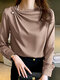 Women Solid Satin Fold Pleated Long Sleeve Blouse - Khaki