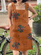 Women Floral Print Square Collar Cotton Sleeveless Dress - Orange