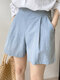 Solid Pocket Elastic Waist Ruched Casual Shorts - Blue
