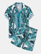 Mens Summer Holiday Revere Collar Tropical Leaf Pattern Baroque Two Piece Outfits - Green