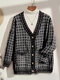 Plus Size Elegant Plaid V-neck Pocket Button Causal Cardigan - Black