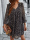 Irregular Dot Print Ruffle Long Sleeve V-neck Chiffon Dress - Black