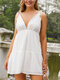 Solid Lace Eyelet Hollow Tie Strap Mini Dress - White