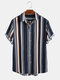 Mens Cool Multi Color Striped Button Up Short Sleeve Shirts - Blue