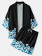 Mens Japanese Style Wave Print Open Front Kimono Two Pieces Outfits - Black