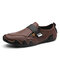 Men Hand Stitching Exquisite Cowhide Leather Soft Hook Loop Zipper Casual Driving Shoes - Brown