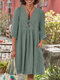 Solid Pocket V-neck 3/4 Sleeve Vintage Dress - Green