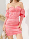 Solid Color Strapless Backless Zip Long Sleeve Mini Sexy Dress - Pink
