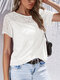 Solid Color O-neck Hollow Short Sleeve Women T-shirt - White