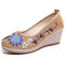 Women Handmade Floral Embroidered High Heels Cloth Wedges Shoes - Beige