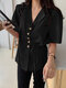 Blusa informal de algodón de manga corta con solapa y botones lisos - Negro