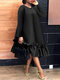 Robe à manches longues et col rond pour femme, grande taille, couleur unie, garniture à volants - Noir