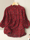 Floral Print Button Stand Collar 3/4 Sleeve Blouse For Women - Red