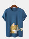 T-shirts à manches courtes en coton à col rond pour hommes avec motif de chat mignon - Marine