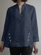 Women Solid Stand Collar Button Design Hem Cotton Blouse - Navy