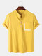 Mens Designer Pocket Solid Color 100% Cotton Casual Breathable Henley Shirt - Yellow