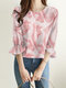 Marble Print 3/4 Sleeve Crew Neck Ruffle Blouse - Pink