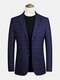 Men Plaid Flat Collar Single-Breasted Casual Blazers With Flap Pockets - Blue