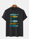 Mens Opposite Fishes Pattern Short Sleeve 100% Cotton T-shirts - Black