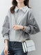 महिला लेस लैपल प्लेड पैचवर्क लंबी आस्तीन स्वेटर स्वेटशर्ट - धूसर