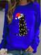 Christmas Black Cat Print Long Sleeves O-neck Sweatshirt For Women - Blue