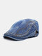 Men Washed Distressed Denim Solid Color Embroidery Thread Casual Sunscreen Beret Flat Cap - Blue