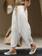 Women Plain Texture Contrast Drawstring Waist Cotton Pants - White
