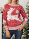 Cartoon Animal Pattern Christmas Long Sleeve Knit Sweater - Red