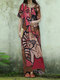 Allover Abstract Figure Print Crew Neck Cotton Maxi Dress - Red