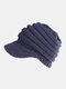 Women Acrylic Satin Knitted Solid Striped PU Label Ponytail Beanie Hat Ski Sports Cap Baseball Cap - Navy