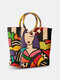 Women Beach Summer Straw Colorful Cartoon Figure Pattern Handbag Tote - Rainbow