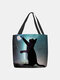 Women Cat Moon Fireworks Pattern Print Shoulder Bag Handbag Tote - Black