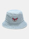 Women & Men Embroidery Butterfly Pattern Denim Outdoor Casual Sunshade Bucket Hat - Light Blue