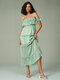 Adjustable Strap Backless Off Shoulder Ruffle Tiered Swing Maxi Dress - Green