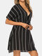 Plus Size Striped Beachwear Front Tie Bat Sleeve Loose Sun Protection Cover Ups - Black