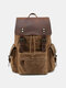 Men Retro Large Capacity Waterproof Canvas Genuine Leather Cowhide Backpack - Khaki