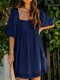 Jacquard Loose Solid Color Square Collar Half Sleeve Chiffon Dress - Dark Blue