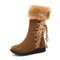 Women Warm Slip Resistant Back Lace-up Flat Mid-calf Snow Boots - Brown