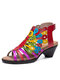 Socofy Genuine Leather Comfy Summer Vacation Bohemian Ethnic Colorblock Heeled Sandals - Red