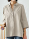 Solid Lapel Loose Casual 3/4 Sleeve Women Shirt - Apricot