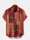 Mens Ethnic Patchwork Printed Short Sleeve Turn Down Collar Chest Pocket Shirt - Red