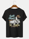 Mens 100% Cotton Letter Car Print Crew Neck Street Short Sleeve T-Shirts - Black