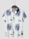Mens Floral Slogan Print Camp Collar Button Up Short Sleeve Shirts - White