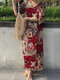 Robe vintage à imprimé floral et col en V Longueur à manches 3/4 - rouge