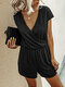 Lace Elastic Waist Short Sleeves V-neck Casual Jumpsuit - Black